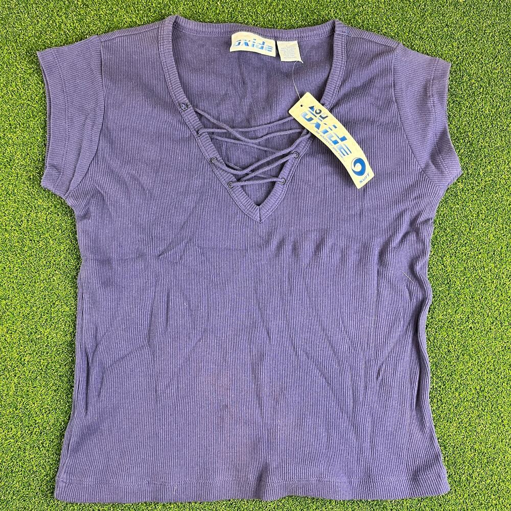 Vintage Y2K NWT Oxide Purple Ribbed Lace Up V Neck Cap Sleeve Top Sz L
